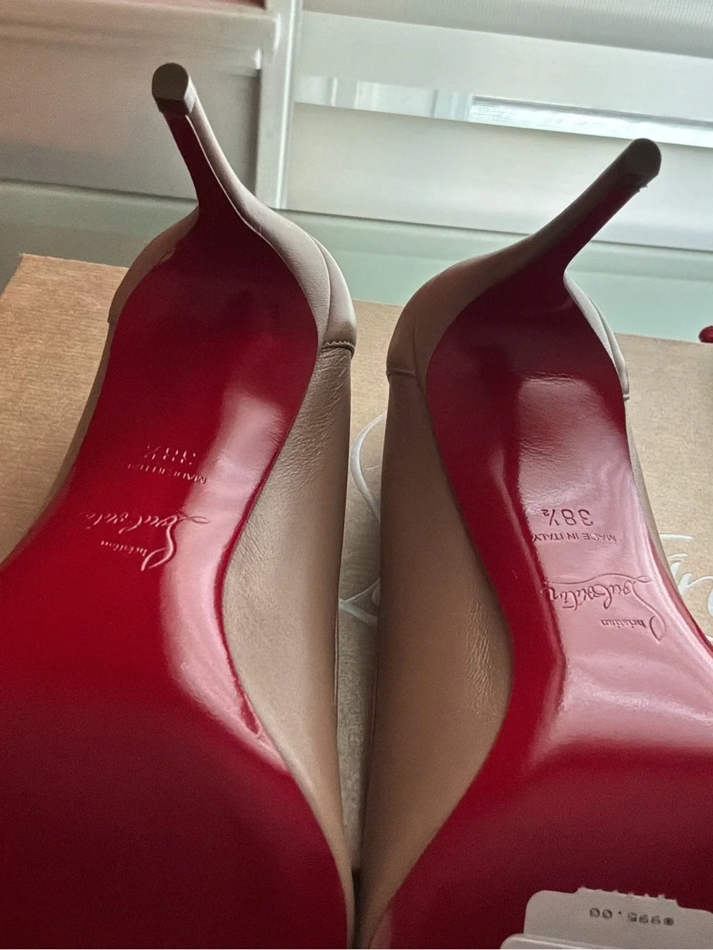 Christian Louboutin Taupe Pointed-Toe Pumps with Signature Red Heel